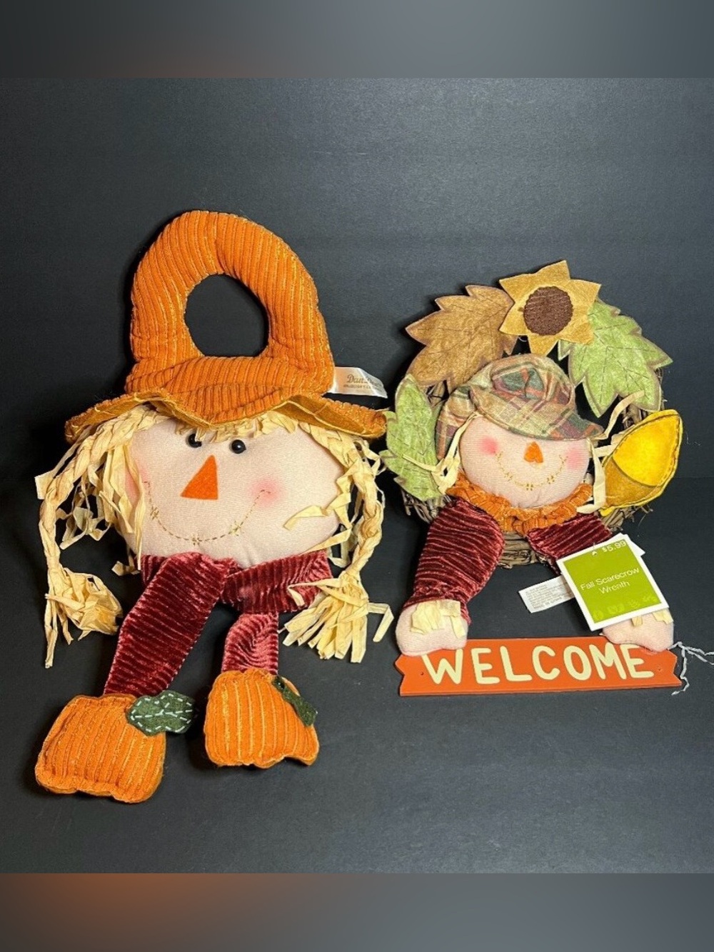 NWT Lot of 2 DanDee Fall Autumn Scarecrow Plush Door Knob Hanger & Wreath Decor